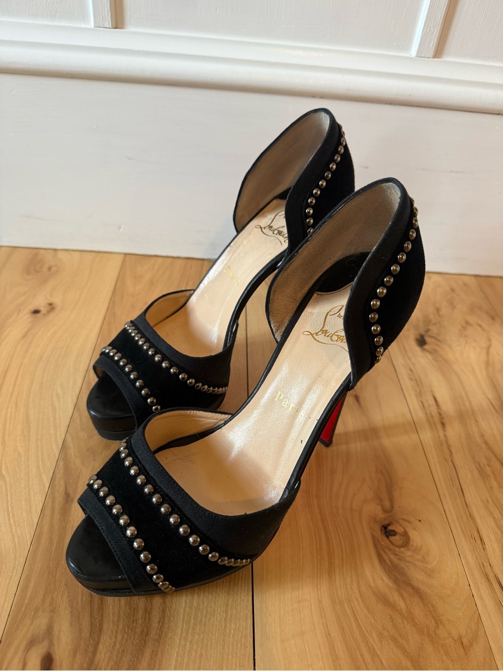 Christian Louboutin Black Suede Studded Stiletto Pumps with Red Soles - Picture 2 of 6